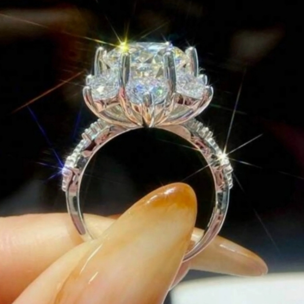 Moissanite Sparkling Silver Floral Halo Ring with Clear Stones